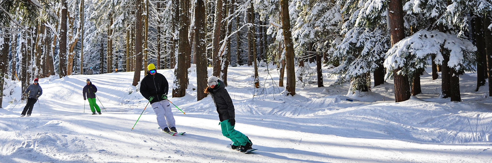 Skiers and riders on snowy Tannenbaum slope