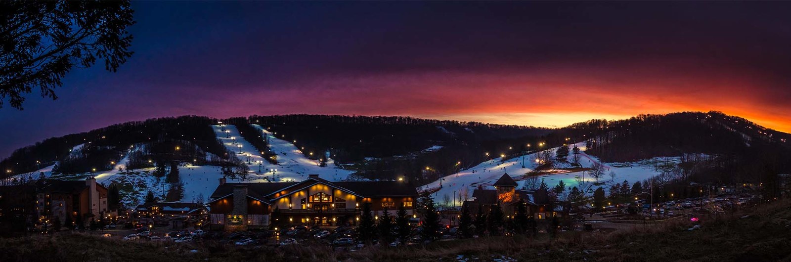 A sunset shot of the resort center in the winter.