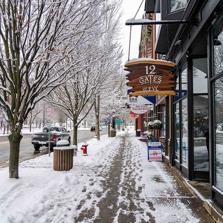 The streets of downtown Ellicottville after a snowfall.