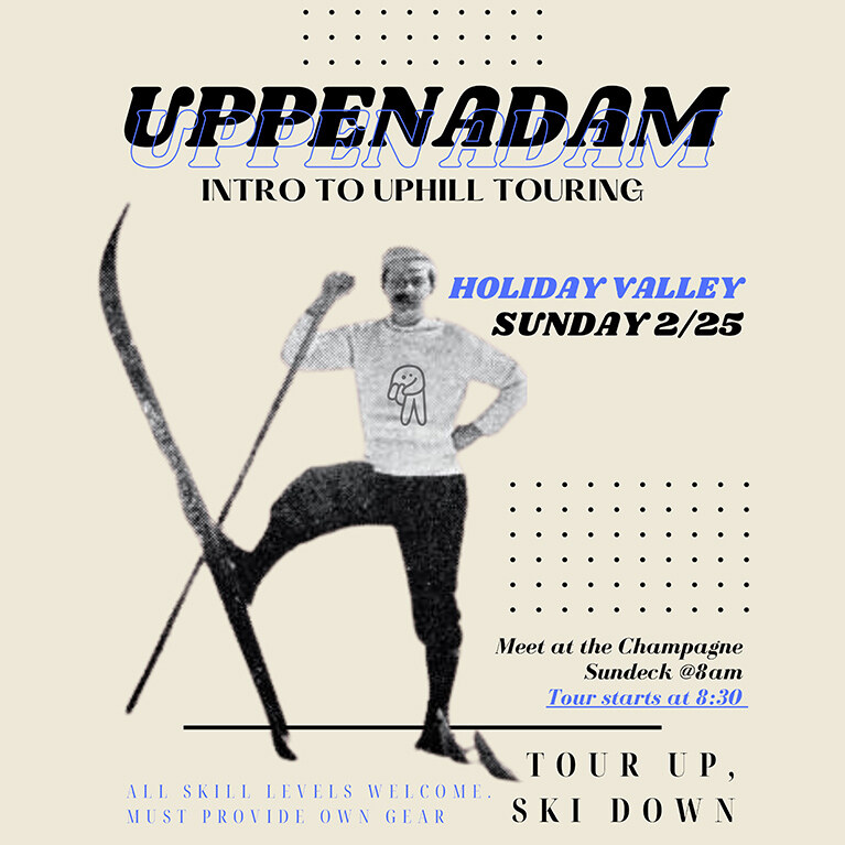 Event flyer for the UppenAdam uphill touring informational session.