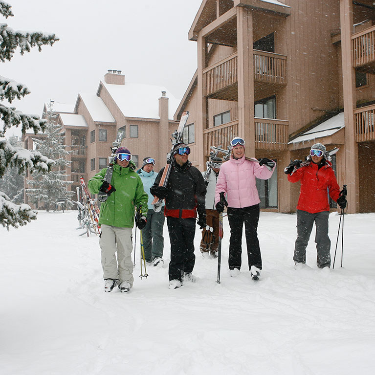 SnowPine Village skiers heading to lift