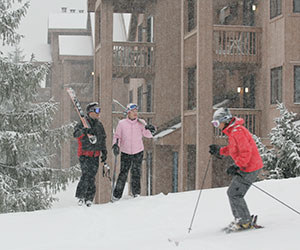 skiers walking to slopes from SnowPine condo