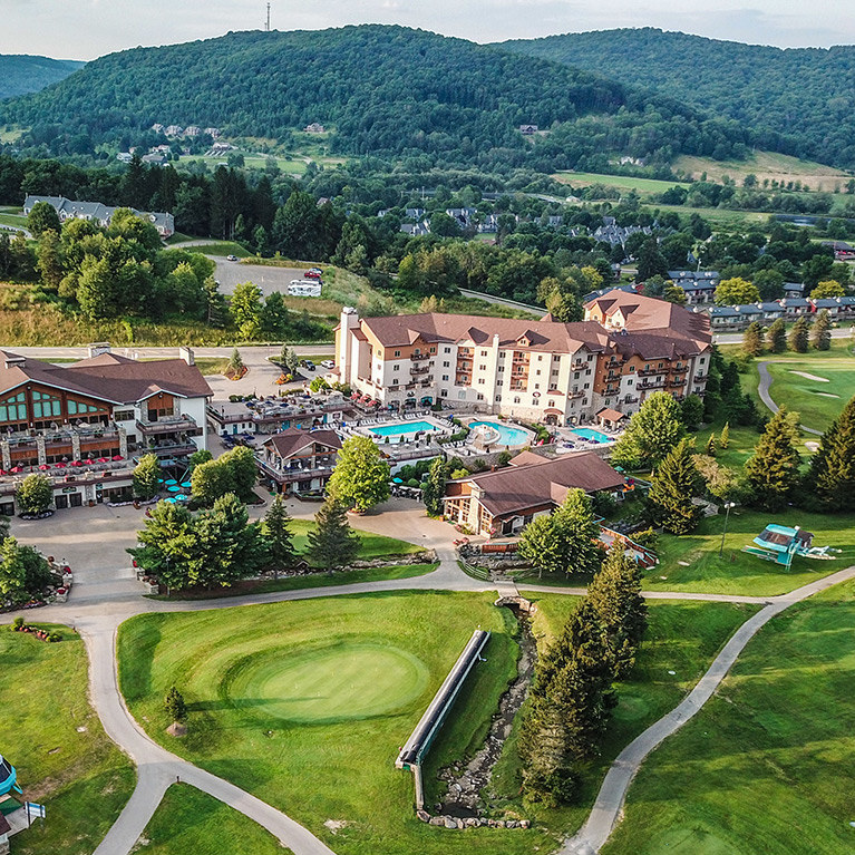 Aerial shot of the Resort Center and Tamarack Club in the summer.